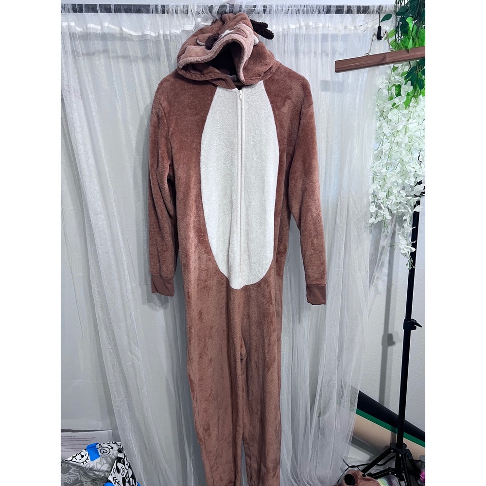 North Pole Trading Co Reindeer Plush Fleece Hooded Union Suit XL Brown Unisex